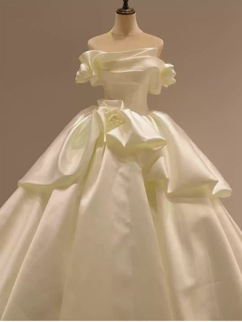 Off Shoulder Satin Wedding Dress with Floral Embellishments – Wedding Dress Ball Gown Corset Back Plus Size